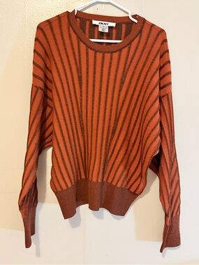 DKNY Rust and Brown Striped Crewneck Sweater